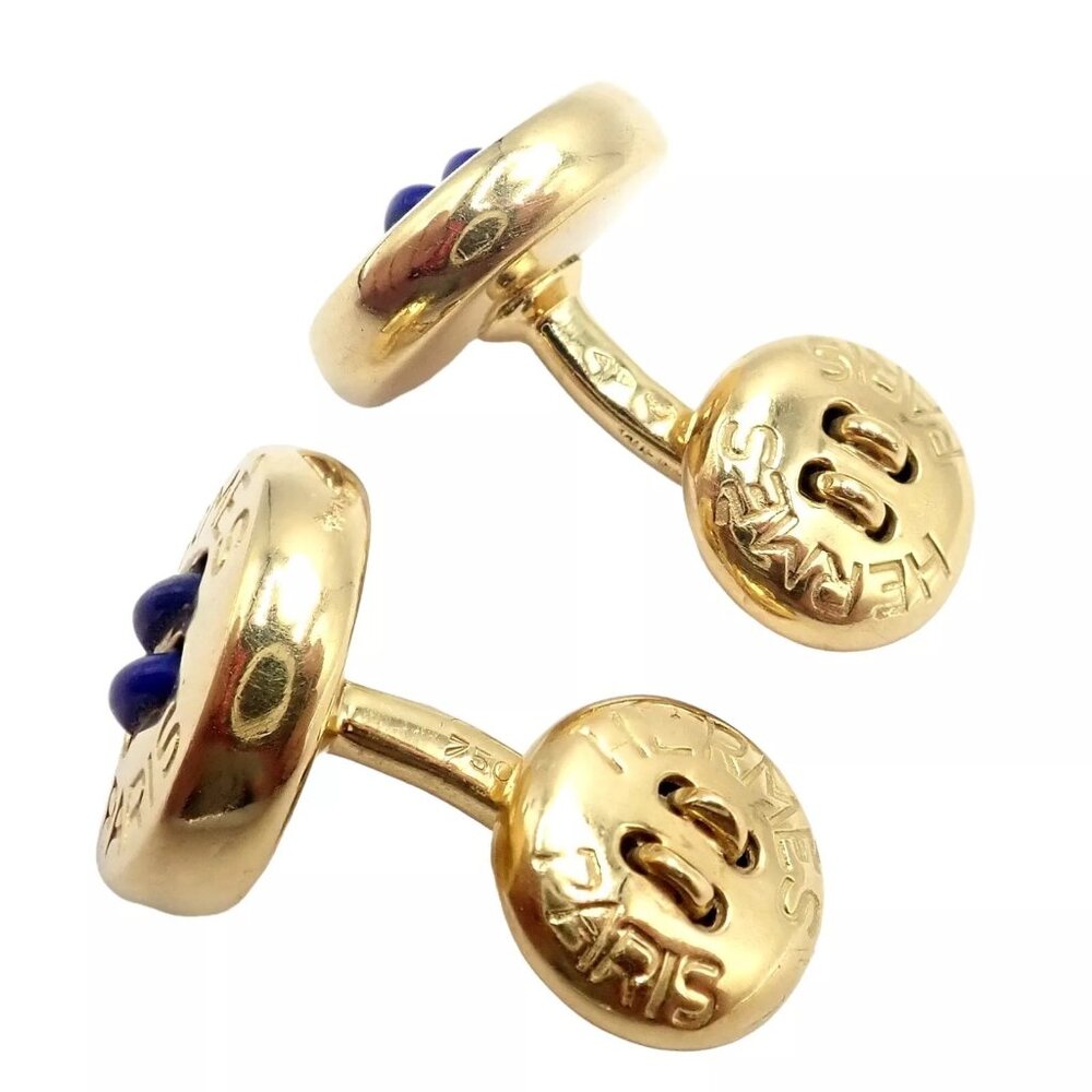 Rare! Vintage Authentic Hermes Paris 18k Yellow Gold Mens Lapis Button Cufflinks - Picture 4 of 11